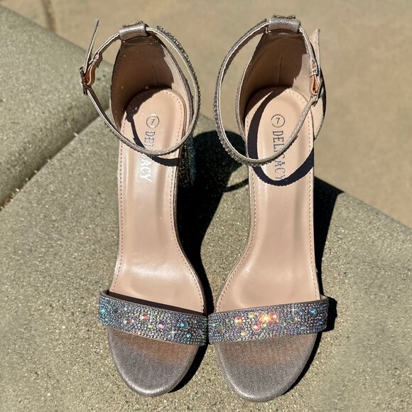 New Bling Gold Rhinestone Crystal Open Toe Dress Sandals Ankle Strap Block Heel - Picture 4 of 5